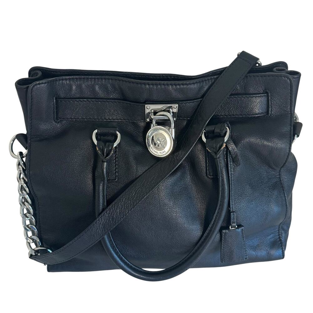 Michael Kors Hamilton Black Leather Satchel Crossbody Purse Silver Hardware